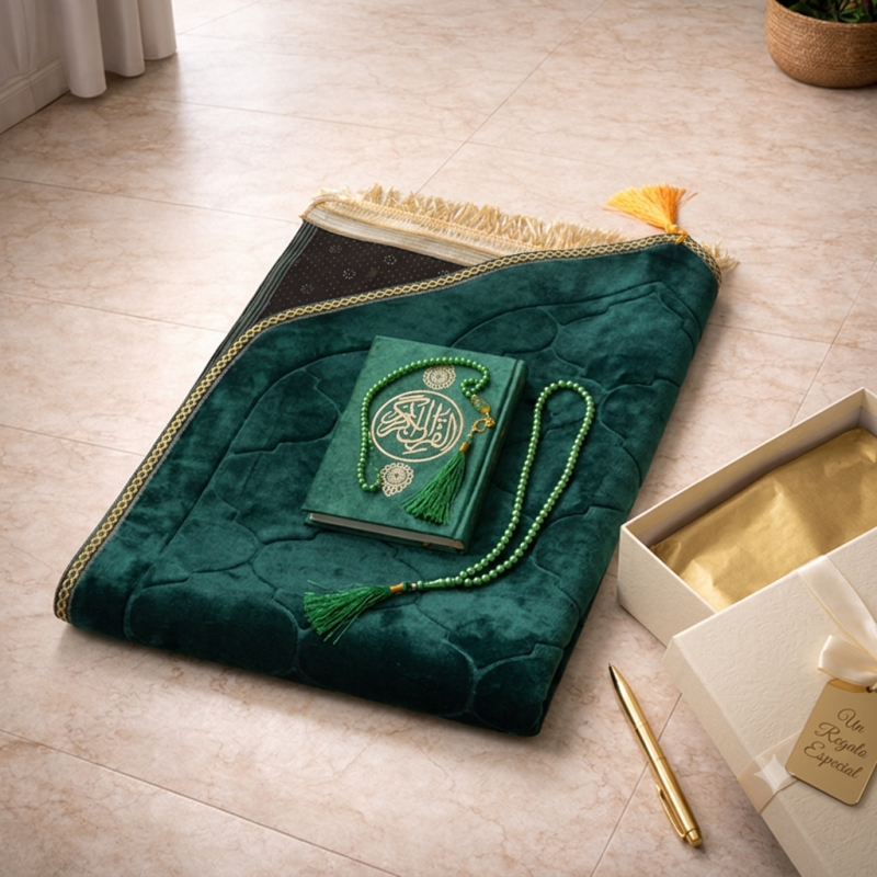 Set de Regalo Islámico Premium – Alfombra de Oración, Corán y Tasbih