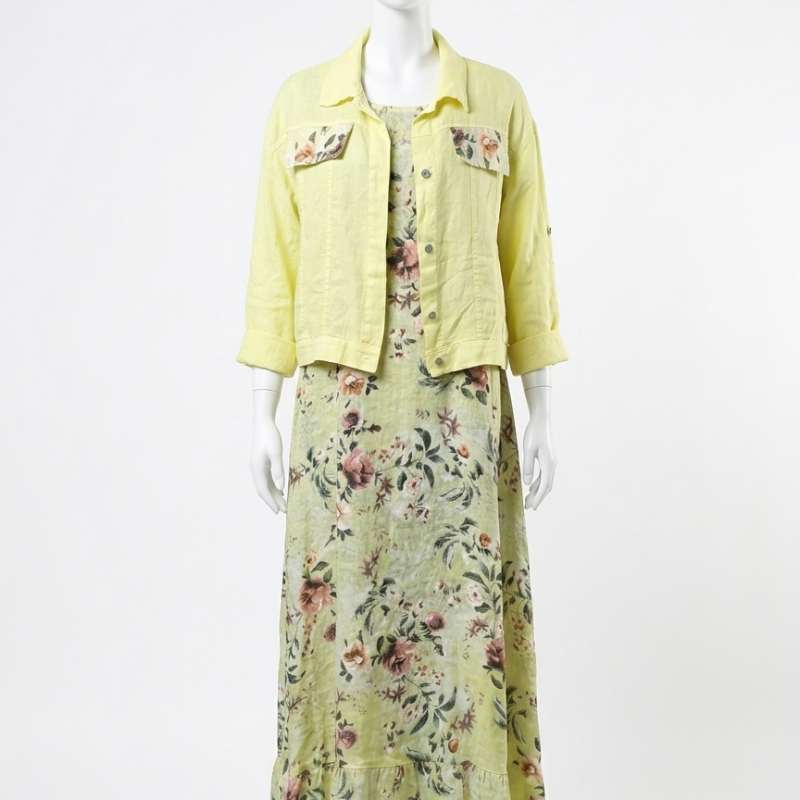 Conjunto Vestido Largo Floral y Chaqueta de Lino italiano 100%