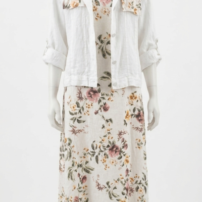 Conjunto Vestido Largo Floral y Chaqueta de Lino italiano 100%