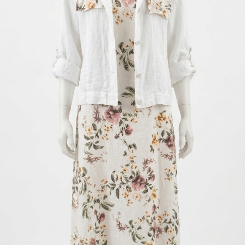 Conjunto Vestido Largo Floral y Chaqueta de Lino italiano 100%