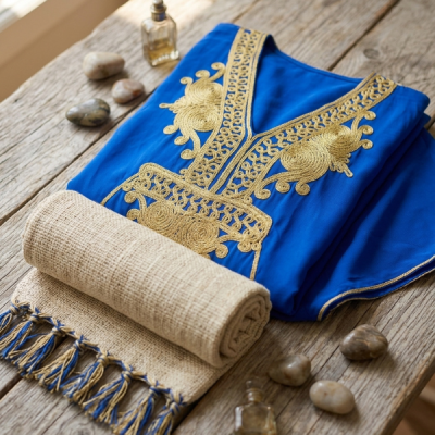 Kandoura Tradicional Marroquí Azul Royal con Bordado Dorado