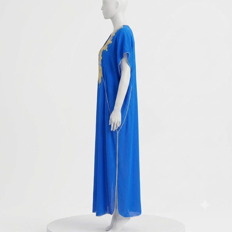 Kandoura Tradicional Marroquí Azul Royal con Bordado Dorado