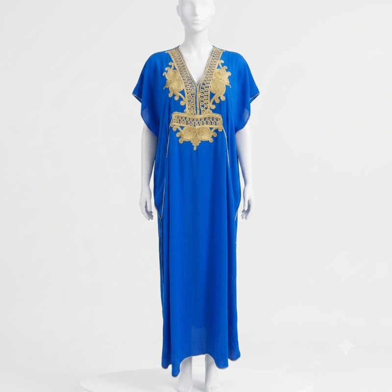 Kandoura Tradicional Marroquí Azul Royal con Bordado Dorado